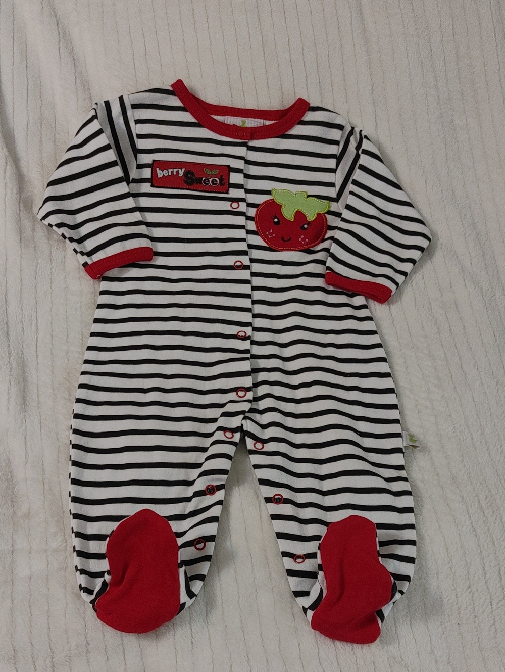 Striped Footed Baby One-Piece with Red Trim and Strawberry Patch
